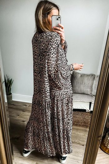 Maxi Dresses | Women Apricot Leopard Print Tiered Wide Sleeve Maxi Dress