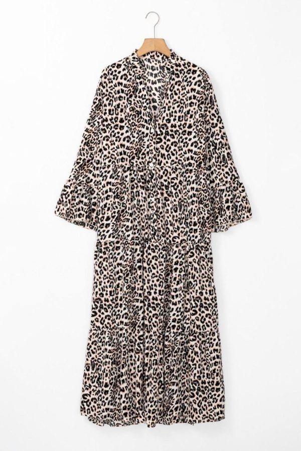 Maxi Dresses | Women Apricot Leopard Print Tiered Wide Sleeve Maxi Dress - Image 3