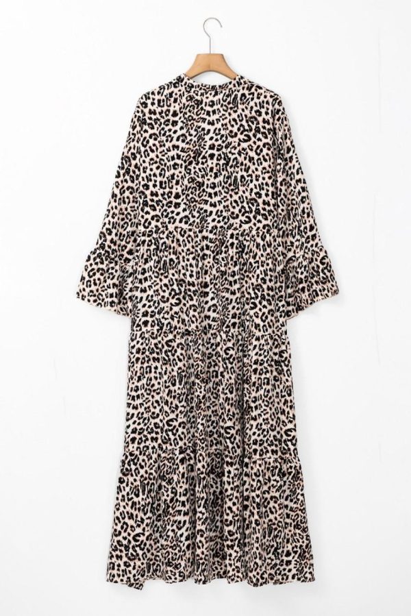 Maxi Dresses | Women Apricot Leopard Print Tiered Wide Sleeve Maxi Dress - Image 4