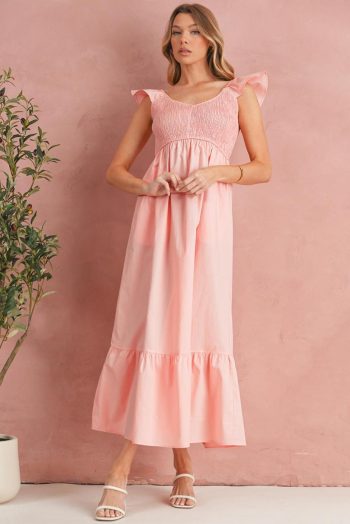 Maxi Dresses | Women Apricot Pink V Neck Flutter Sleeve Smocked Bodice High Waist Ruffle Maxi Dress