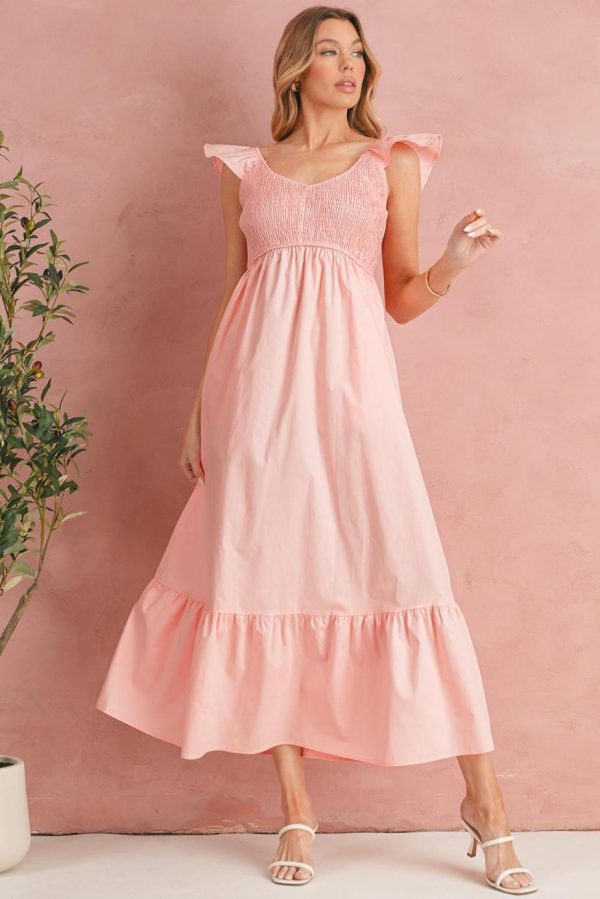 Maxi Dresses | Women Apricot Pink V Neck Flutter Sleeve Smocked Bodice High Waist Ruffle Maxi Dress - Image 2