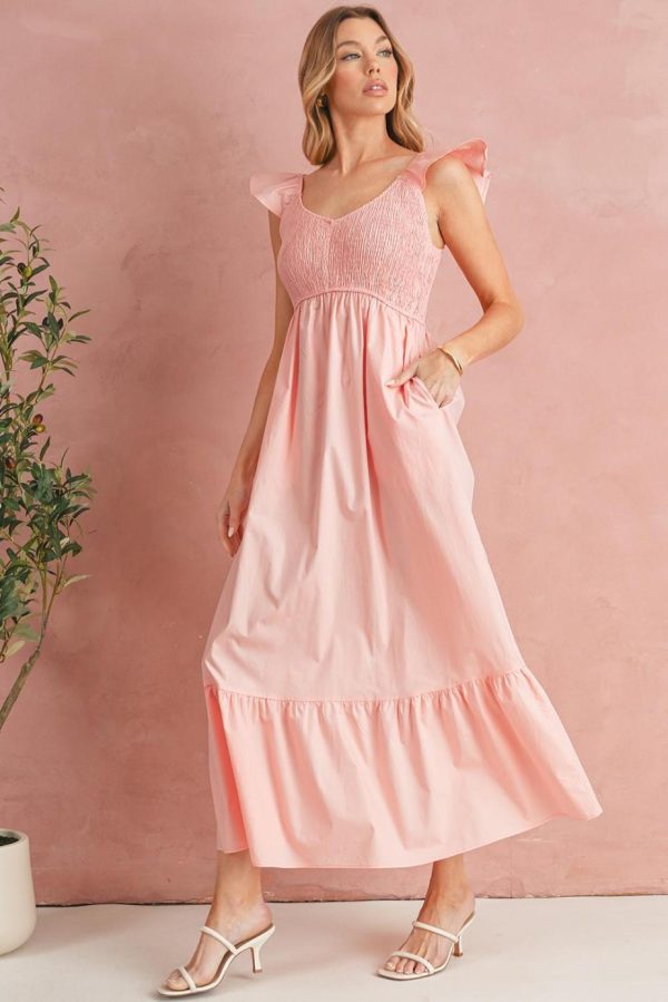 Maxi Dresses | Women Apricot Pink V Neck Flutter Sleeve Smocked Bodice High Waist Ruffle Maxi Dress - Image 3