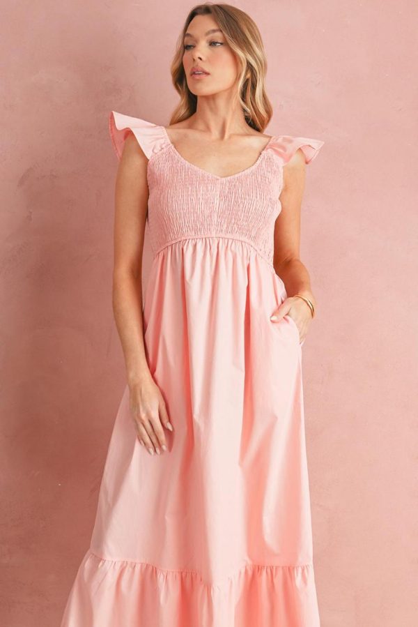 Maxi Dresses | Women Apricot Pink V Neck Flutter Sleeve Smocked Bodice High Waist Ruffle Maxi Dress - Image 4