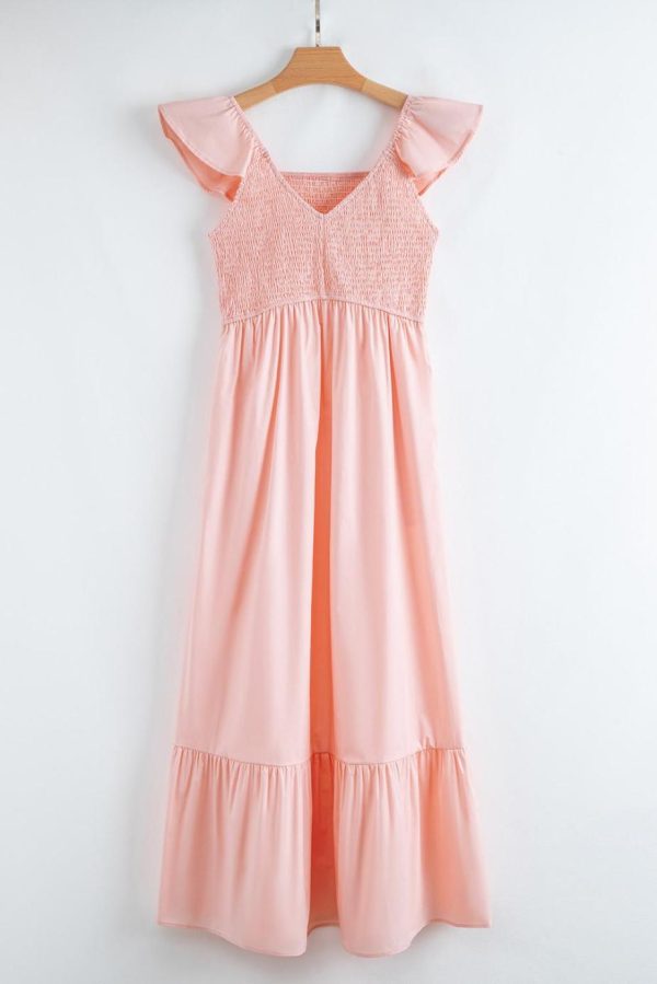 Maxi Dresses | Women Apricot Pink V Neck Flutter Sleeve Smocked Bodice High Waist Ruffle Maxi Dress - Image 6