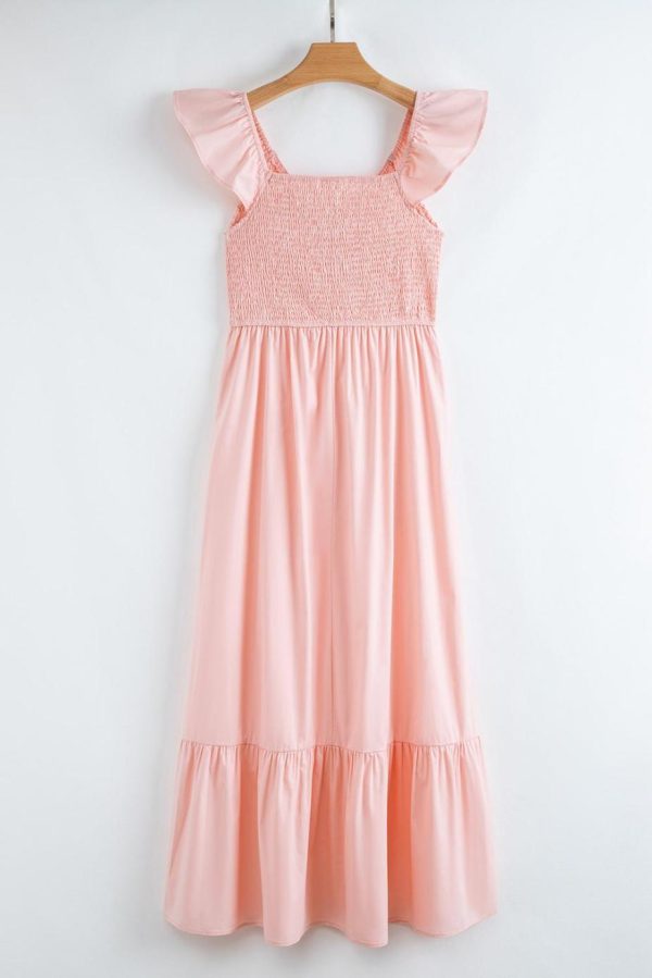 Maxi Dresses | Women Apricot Pink V Neck Flutter Sleeve Smocked Bodice High Waist Ruffle Maxi Dress - Image 7