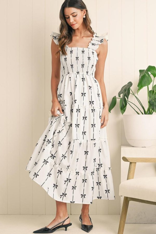 Maxi Dresses | Women Black Bow Print Smocked Ruffle High Waist Maxi Dress