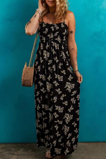 Maxi Dresses | Women Black Floral Spaghetti Strap Shirred Bodice Tied Empire Waist Maxi Dress
