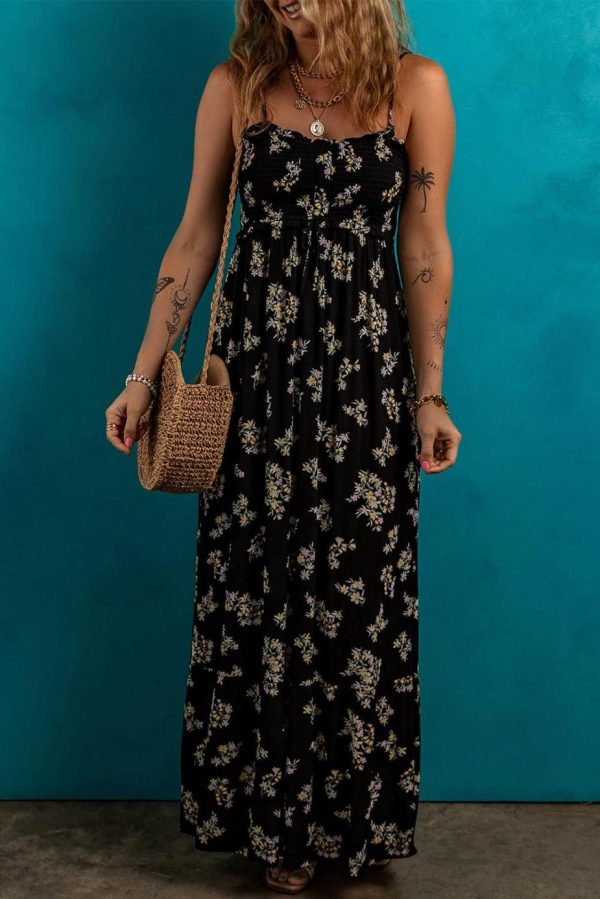 Maxi Dresses | Women Black Floral Spaghetti Strap Shirred Bodice Tied Empire Waist Maxi Dress - Image 2