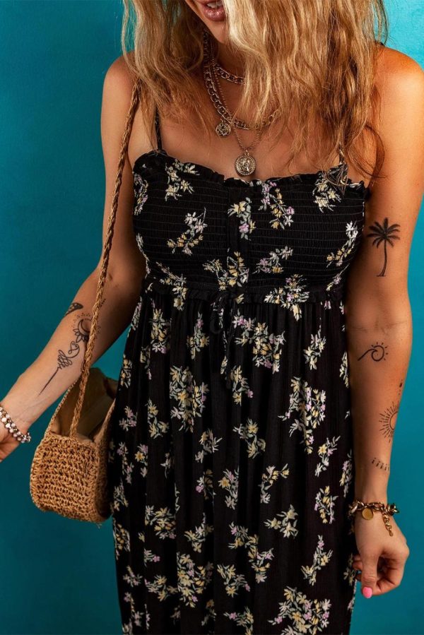 Maxi Dresses | Women Black Floral Spaghetti Strap Shirred Bodice Tied Empire Waist Maxi Dress - Image 3