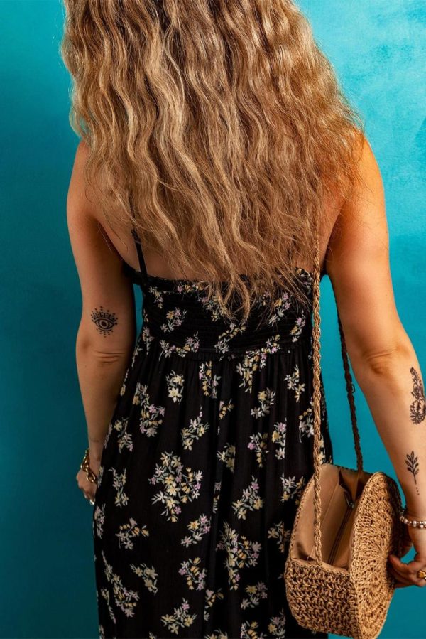 Maxi Dresses | Women Black Floral Spaghetti Strap Shirred Bodice Tied Empire Waist Maxi Dress - Image 4