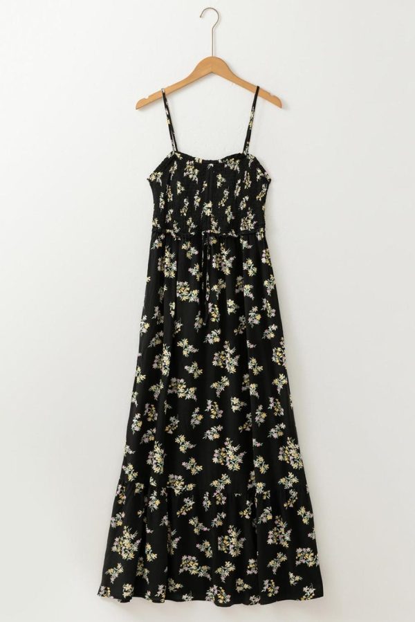 Maxi Dresses | Women Black Floral Spaghetti Strap Shirred Bodice Tied Empire Waist Maxi Dress - Image 5