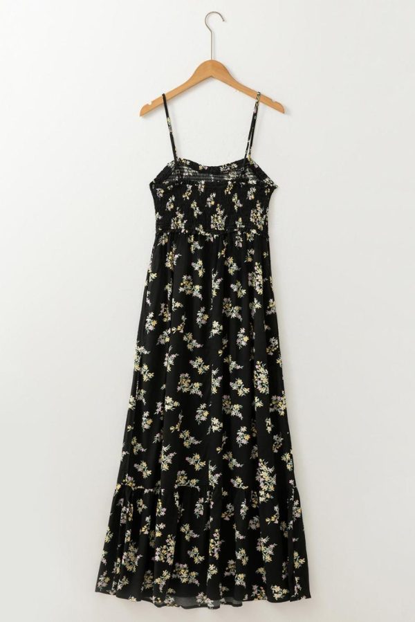 Maxi Dresses | Women Black Floral Spaghetti Strap Shirred Bodice Tied Empire Waist Maxi Dress - Image 6