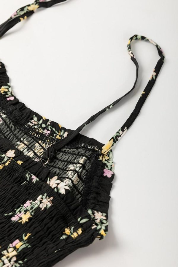 Maxi Dresses | Women Black Floral Spaghetti Strap Shirred Bodice Tied Empire Waist Maxi Dress - Image 7