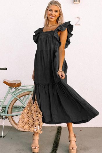Maxi Dresses | Women Black Ruffled Flutter Sleeve Square Neck Textured Tiered Maxi Dress