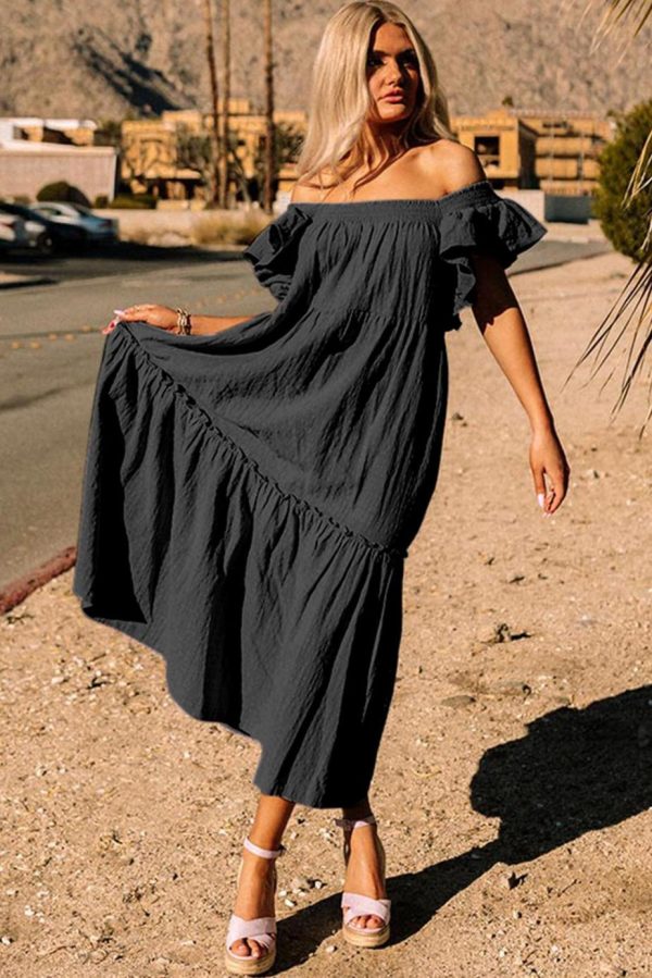 Maxi Dresses | Women Black Ruffled Flutter Sleeve Square Neck Textured Tiered Maxi Dress - Image 2