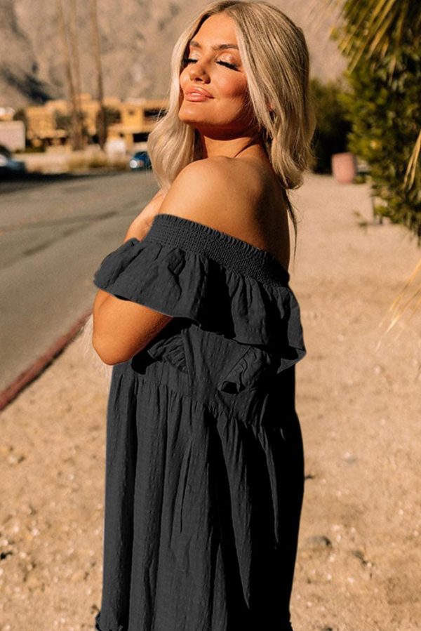 Maxi Dresses | Women Black Ruffled Flutter Sleeve Square Neck Textured Tiered Maxi Dress - Image 4