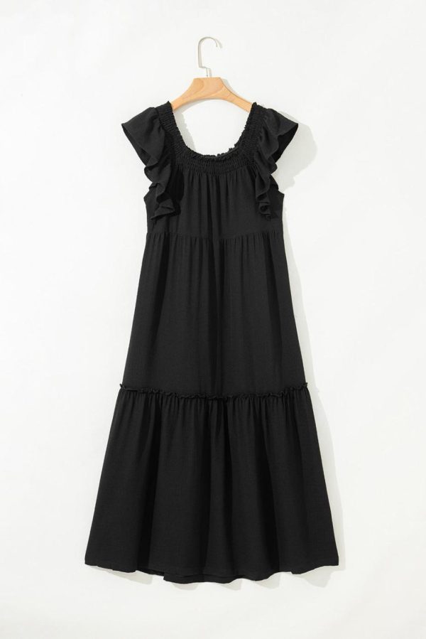Maxi Dresses | Women Black Ruffled Flutter Sleeve Square Neck Textured Tiered Maxi Dress - Image 5