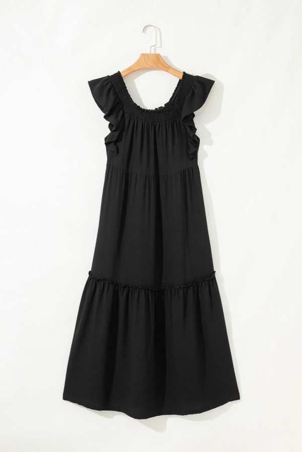 Maxi Dresses | Women Black Ruffled Flutter Sleeve Square Neck Textured Tiered Maxi Dress - Image 6