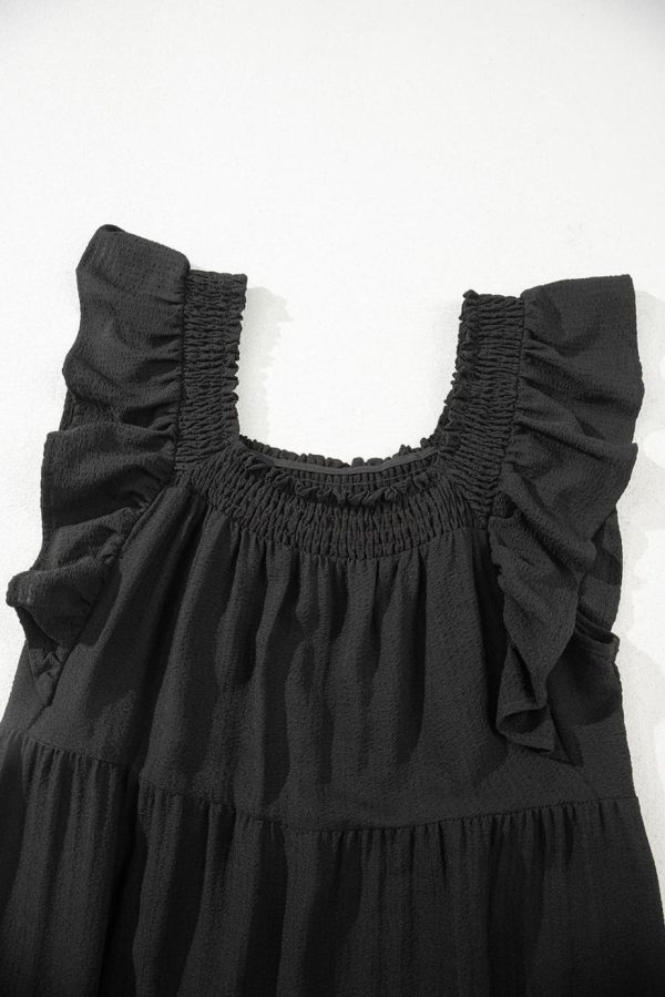 Maxi Dresses | Women Black Ruffled Flutter Sleeve Square Neck Textured Tiered Maxi Dress - Image 7