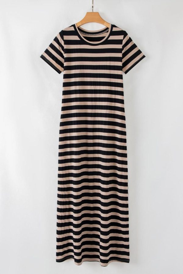 Maxi Dresses | Women Black Striped Side Pockets T-Shirt Maxi Dress
