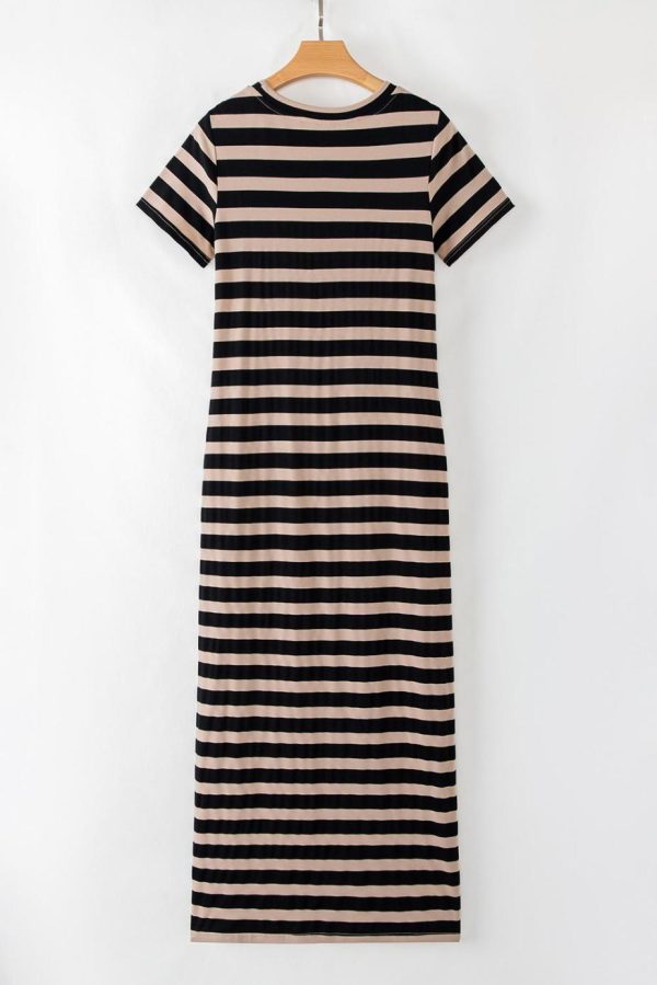 Maxi Dresses | Women Black Striped Side Pockets T-Shirt Maxi Dress - Image 2