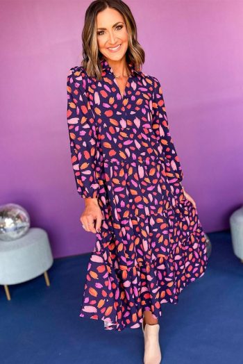 Maxi Dresses | Women Blue Abstract Print Collared Tiered Flowy Maxi Dress
