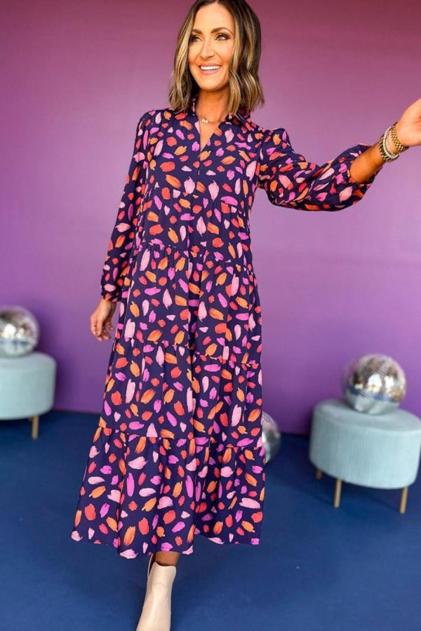 Maxi Dresses | Women Blue Abstract Print Collared Tiered Flowy Maxi Dress - Image 2