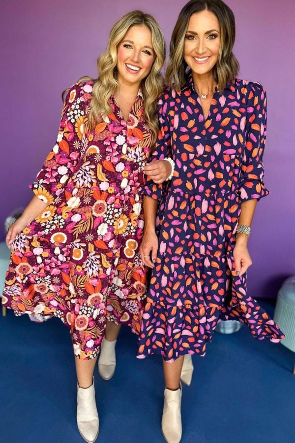 Maxi Dresses | Women Blue Abstract Print Collared Tiered Flowy Maxi Dress - Image 3