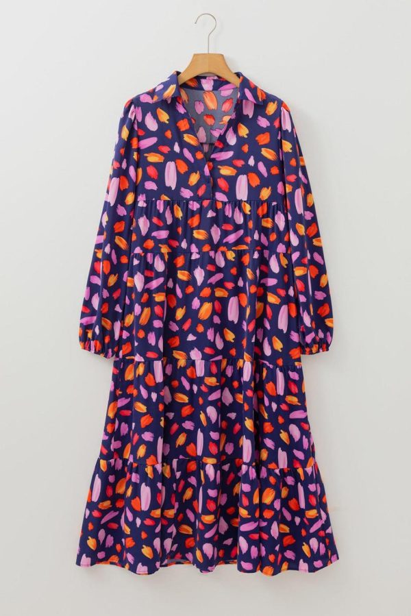 Maxi Dresses | Women Blue Abstract Print Collared Tiered Flowy Maxi Dress - Image 5