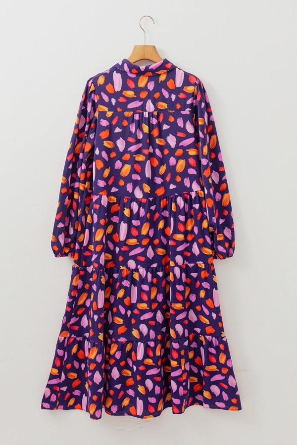 Maxi Dresses | Women Blue Abstract Print Collared Tiered Flowy Maxi Dress - Image 6