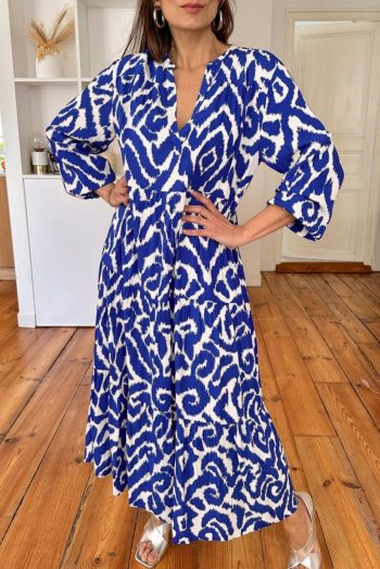 Maxi Dresses | Women Blue Abstract Print V Neck Tiered Maxi Dress