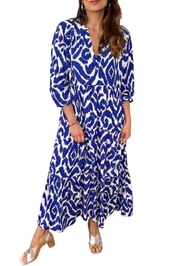Maxi Dresses | Women Blue Abstract Print V Neck Tiered Maxi Dress - Image 3