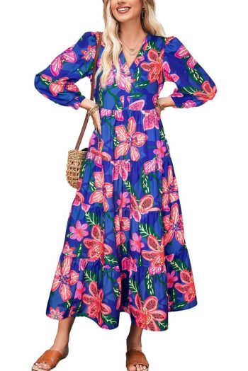 Maxi Dresses | Women Blue Bohemian Floral Print Three Quarter Sleeve Tiered Maxi Dress