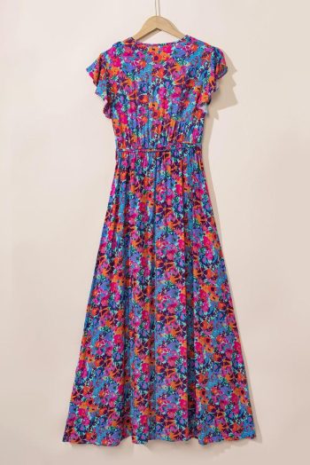 Maxi Dresses | Women Blue Boho Floral Print V Neck Wrap Split Maxi Dress