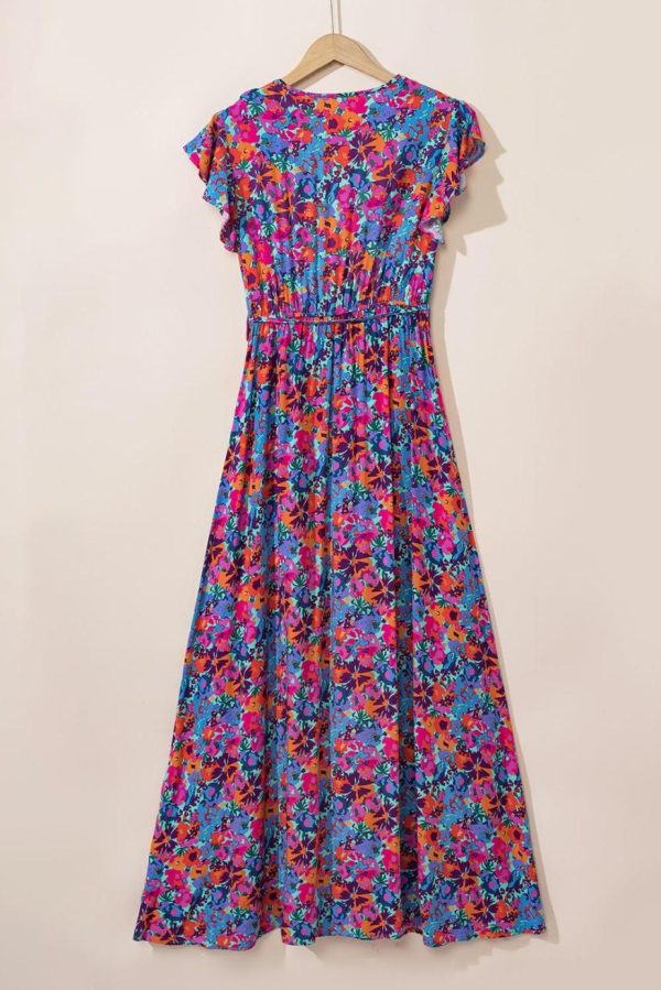 Maxi Dresses | Women Blue Boho Floral Print V Neck Wrap Split Maxi Dress