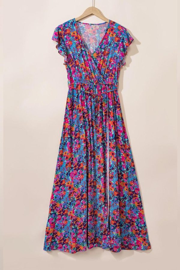 Maxi Dresses | Women Blue Boho Floral Print V Neck Wrap Split Maxi Dress - Image 2