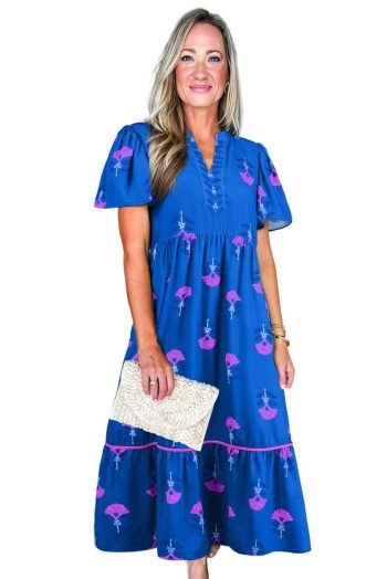 Maxi Dresses | Women Blue Floral Print Notched Neck Flounce Sleeve Maxi Dress