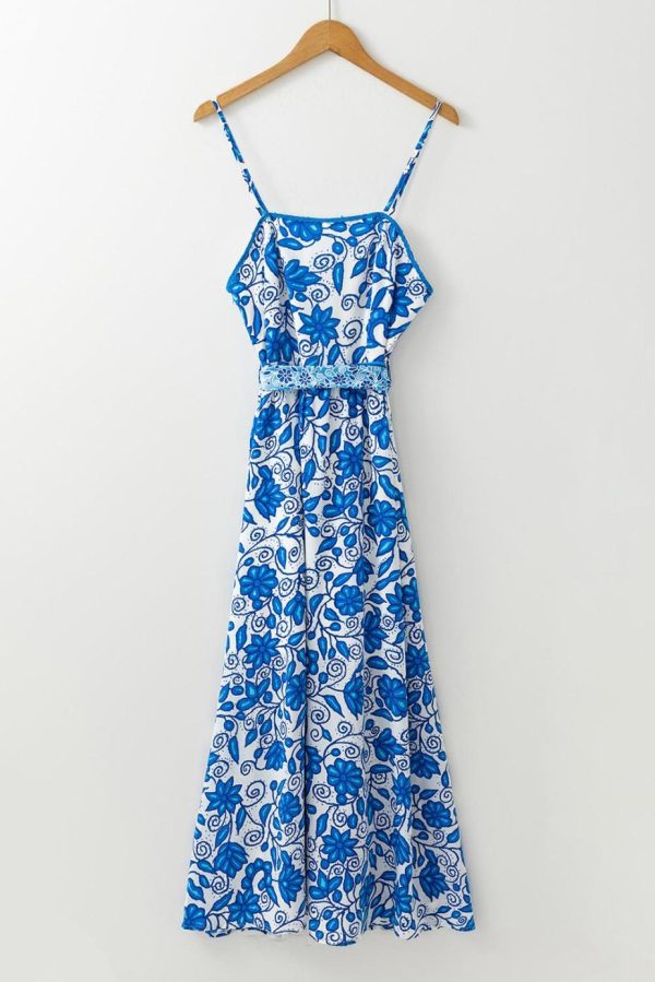 Maxi Dresses | Women Blue Floral Print Spaghetti Strap Knot Waist Maxi Dress - Image 2