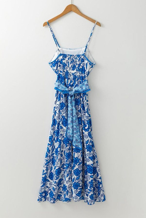 Maxi Dresses | Women Blue Floral Print Spaghetti Strap Knot Waist Maxi Dress - Image 3