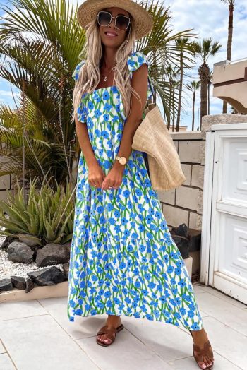 Maxi Dresses | Women Blue Floral Print Square Neck Ruffled Strap Maxi Dress