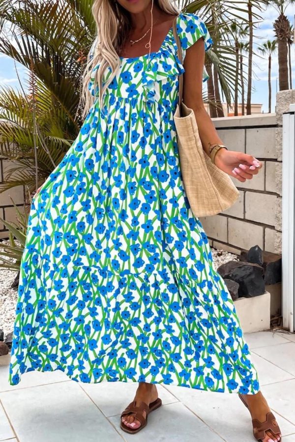 Maxi Dresses | Women Blue Floral Print Square Neck Ruffled Strap Maxi Dress - Image 2