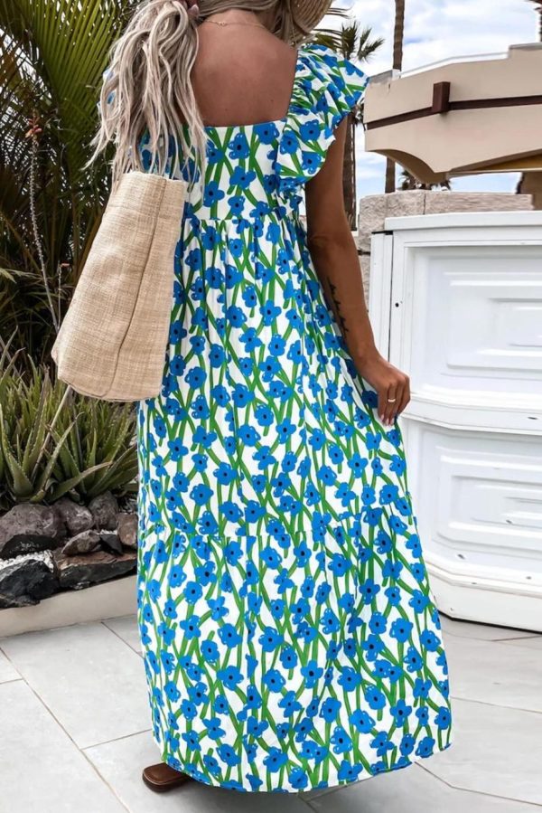 Maxi Dresses | Women Blue Floral Print Square Neck Ruffled Strap Maxi Dress - Image 3