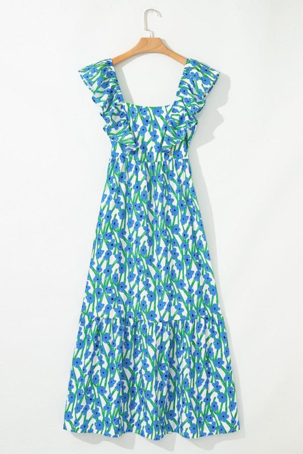 Maxi Dresses | Women Blue Floral Print Square Neck Ruffled Strap Maxi Dress - Image 4