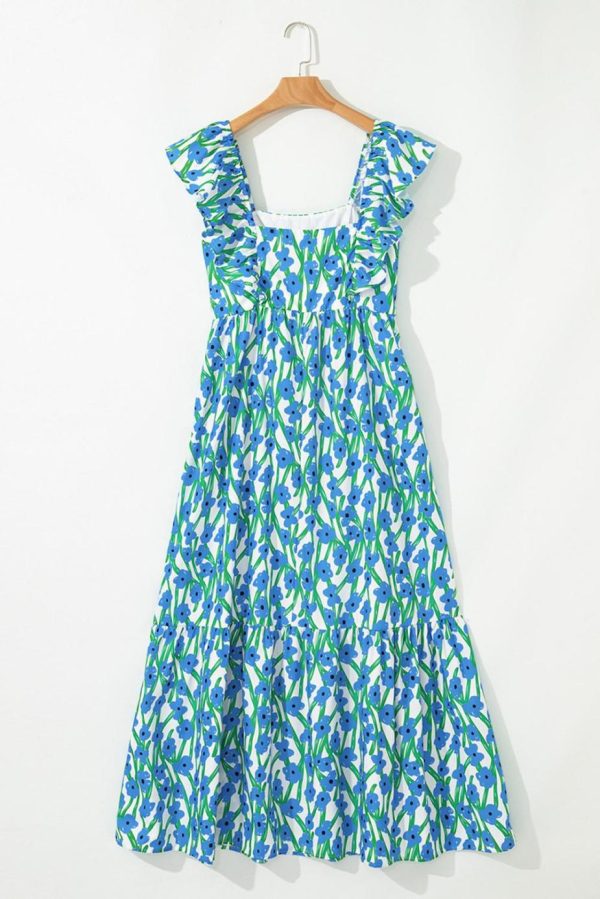 Maxi Dresses | Women Blue Floral Print Square Neck Ruffled Strap Maxi Dress - Image 5