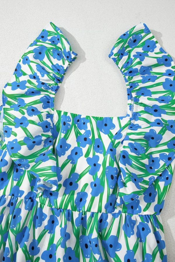 Maxi Dresses | Women Blue Floral Print Square Neck Ruffled Strap Maxi Dress - Image 6