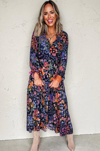 Maxi Dresses | Women Blue Floral Print Tassel Tie V Neck Long Sleeve Flowy Maxi Dress
