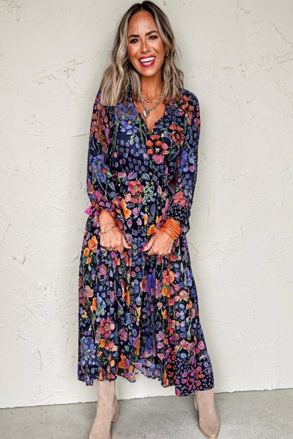Maxi Dresses | Women Blue Floral Print Tassel Tie V Neck Long Sleeve Flowy Maxi Dress