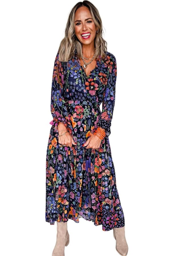 Maxi Dresses | Women Blue Floral Print Tassel Tie V Neck Long Sleeve Flowy Maxi Dress - Image 3