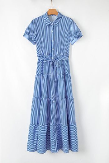 Maxi Dresses | Women Blue Striped Button Front Belted Shirt Collar Maxi Dress
