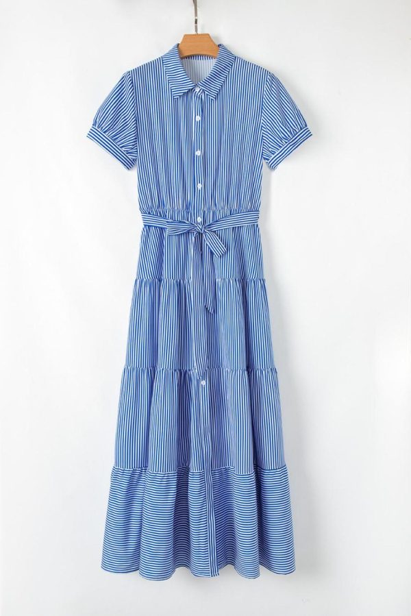Maxi Dresses | Women Blue Striped Button Front Belted Shirt Collar Maxi Dress